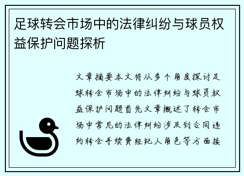 足球转会市场中的法律纠纷与球员权益保护问题探析